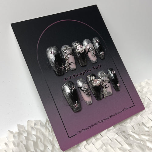 10Pcs Black Handmade Press On Nails Coffin Fake Nails Full Cover Gradient Metal Contrast Artificial Manicure Wearable Nail Tips