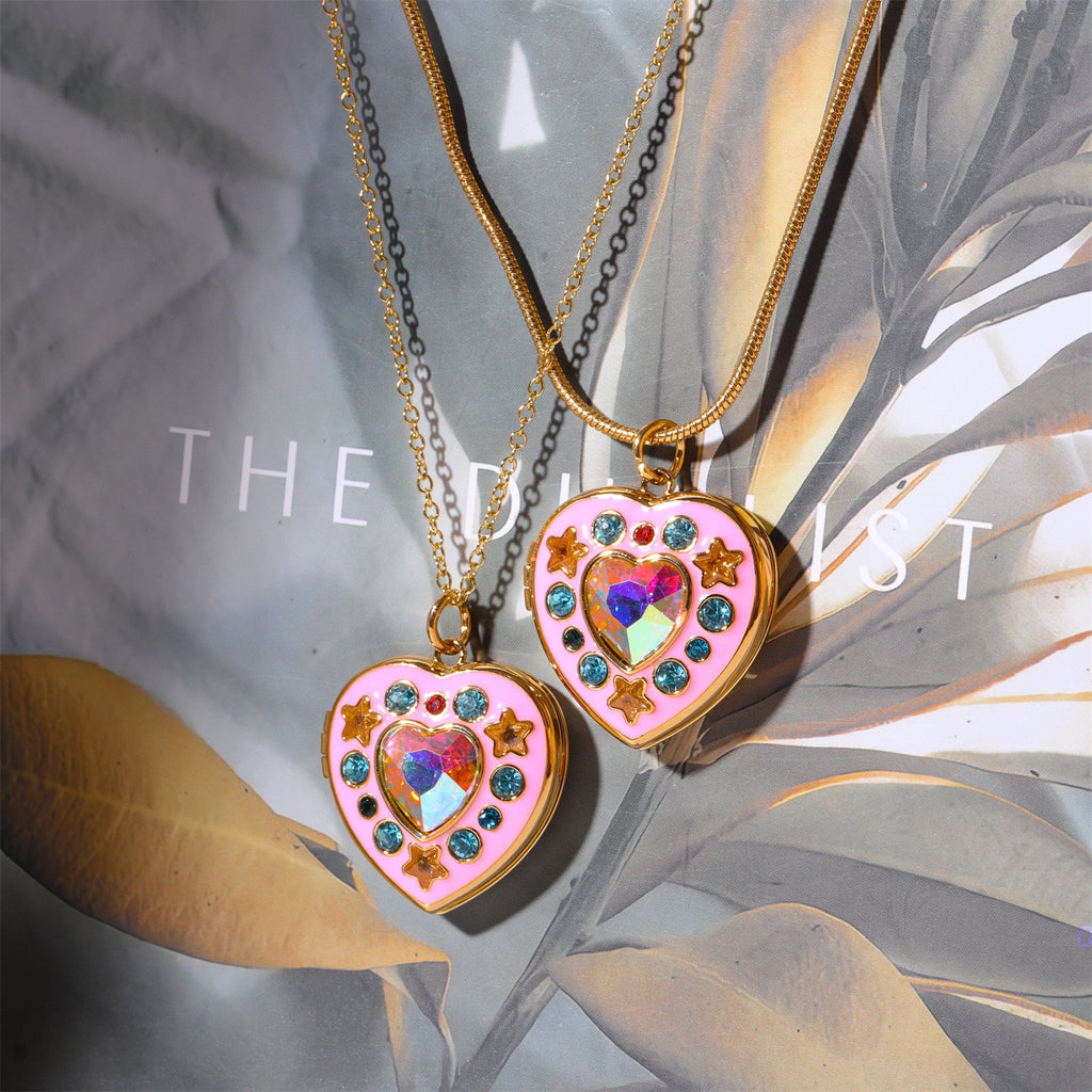 Pink Drip Glaze Heart-shaped Photo Frame Pendant Necklace Charm Colorful Crystal Openable Necklaces Women Men Memorial Jewelry