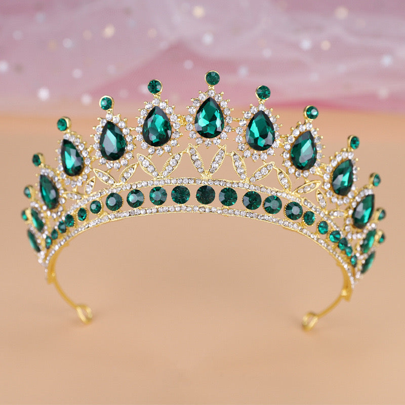 Green Crystal Tiaras and Crowns for Women Wedding Bridal Hair Accessories Baroque Vintage Rhinestone Head Jewelry Diadems