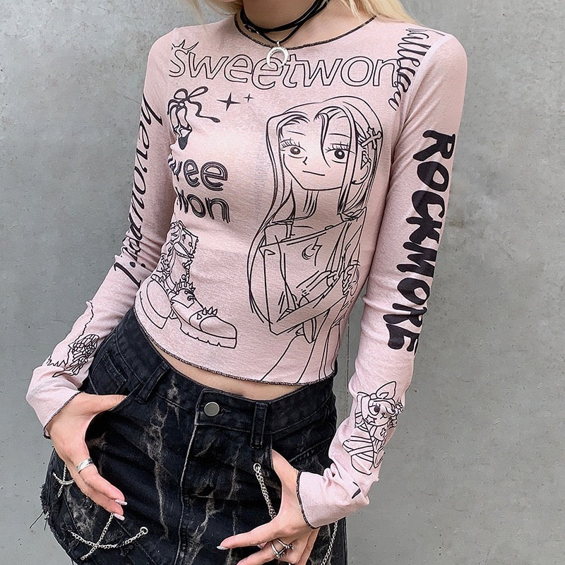 Japanese Harajuku Cartoon Girl Letter Printed T-shirt Girl Y2K Slim Long Sleeve Crop Pink Blouse Fairy Grunge