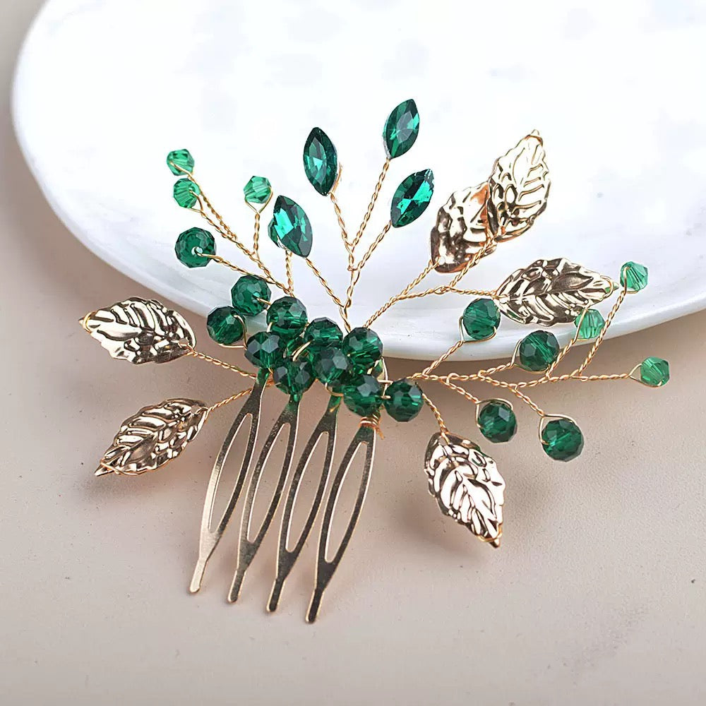Green leaf Wedding Sapphire Blue Bridal Hair Comb Hairpiece