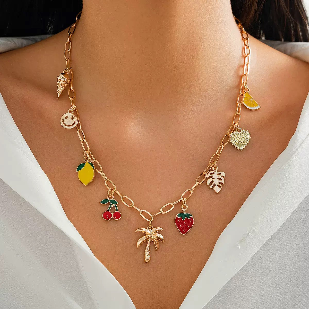 Multi coloured fruit charm necklace