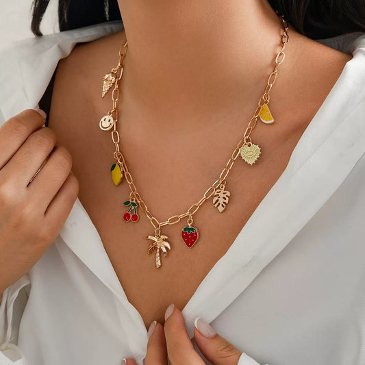 Multi coloured fruit charm necklace