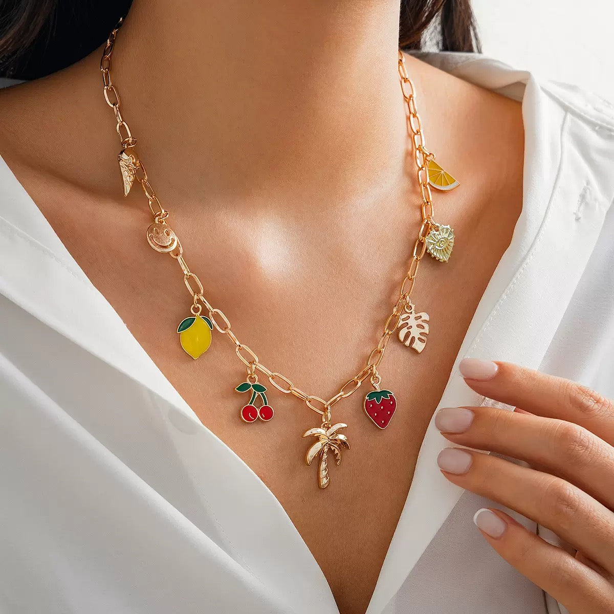 Multi coloured fruit charm necklace