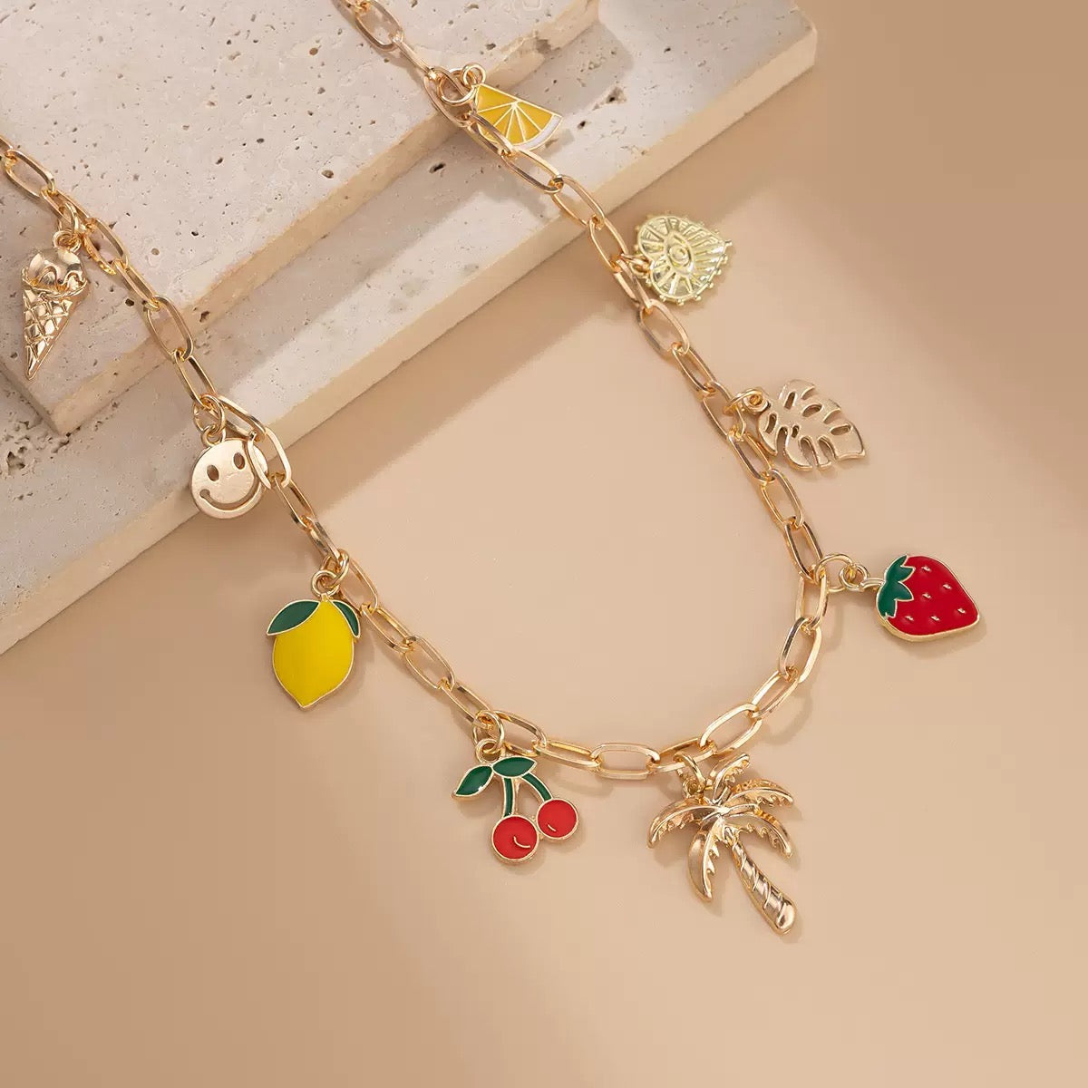 Multi coloured fruit charm necklace