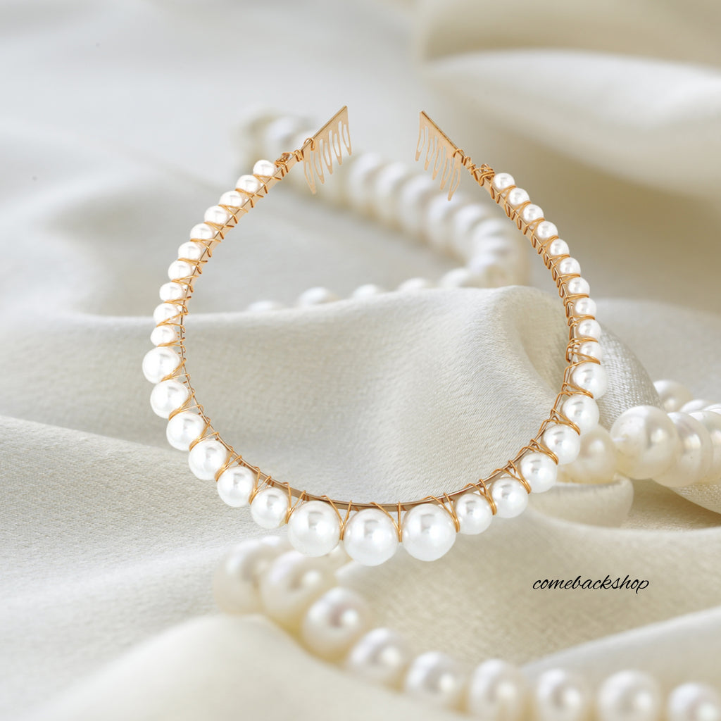 Pearls Headbands Women White Vintage Large Pearl Tiara Crown Hairbands Bride Wedding Hair Hoop Hair Accessories for Girls