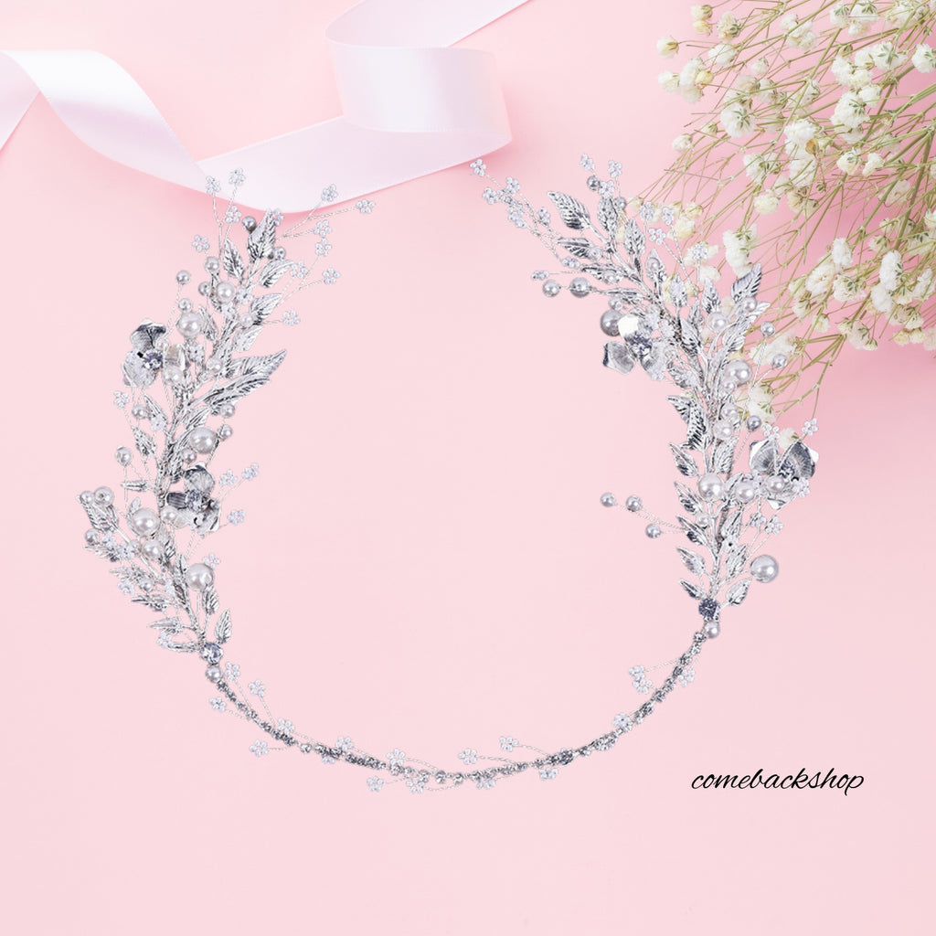 Bridal Headpiece Pearl Wedding Headband Flower Design Rhinestone Hair Accessories for Bride Bridesmaid