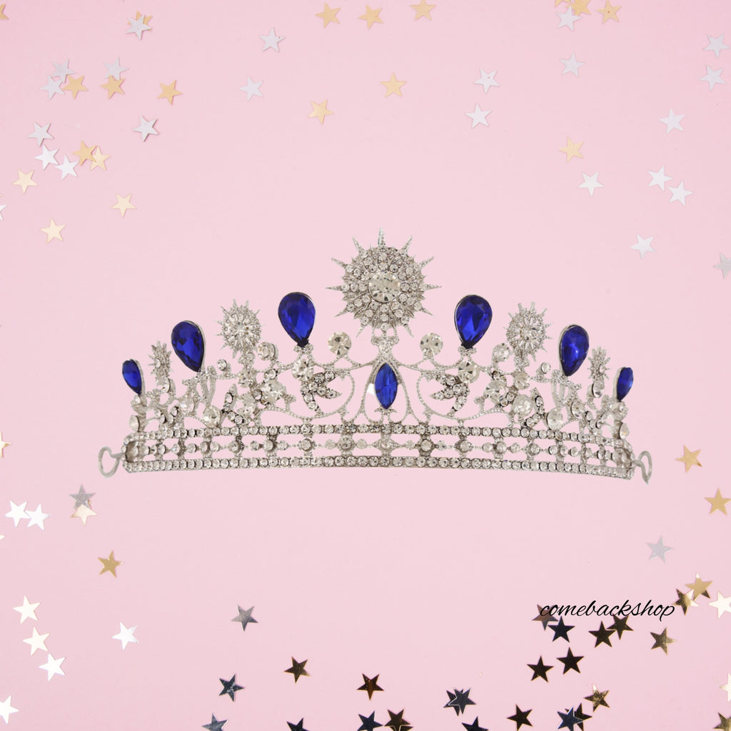 Blue Crystal Star Moon Bridal Crown Tiaras Rhinestone Pageant Diadem Veil Tiara