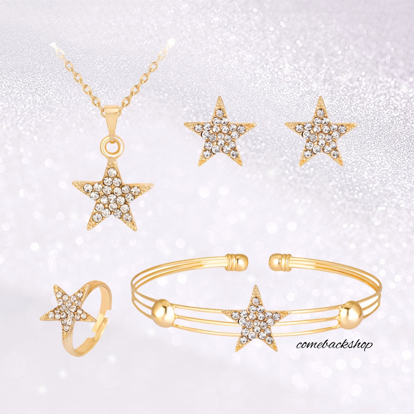 Star Gold earsdrop Earrings Necklace Jewelry Set For Bride Bridesmaids Bridal Wedding Party Prom