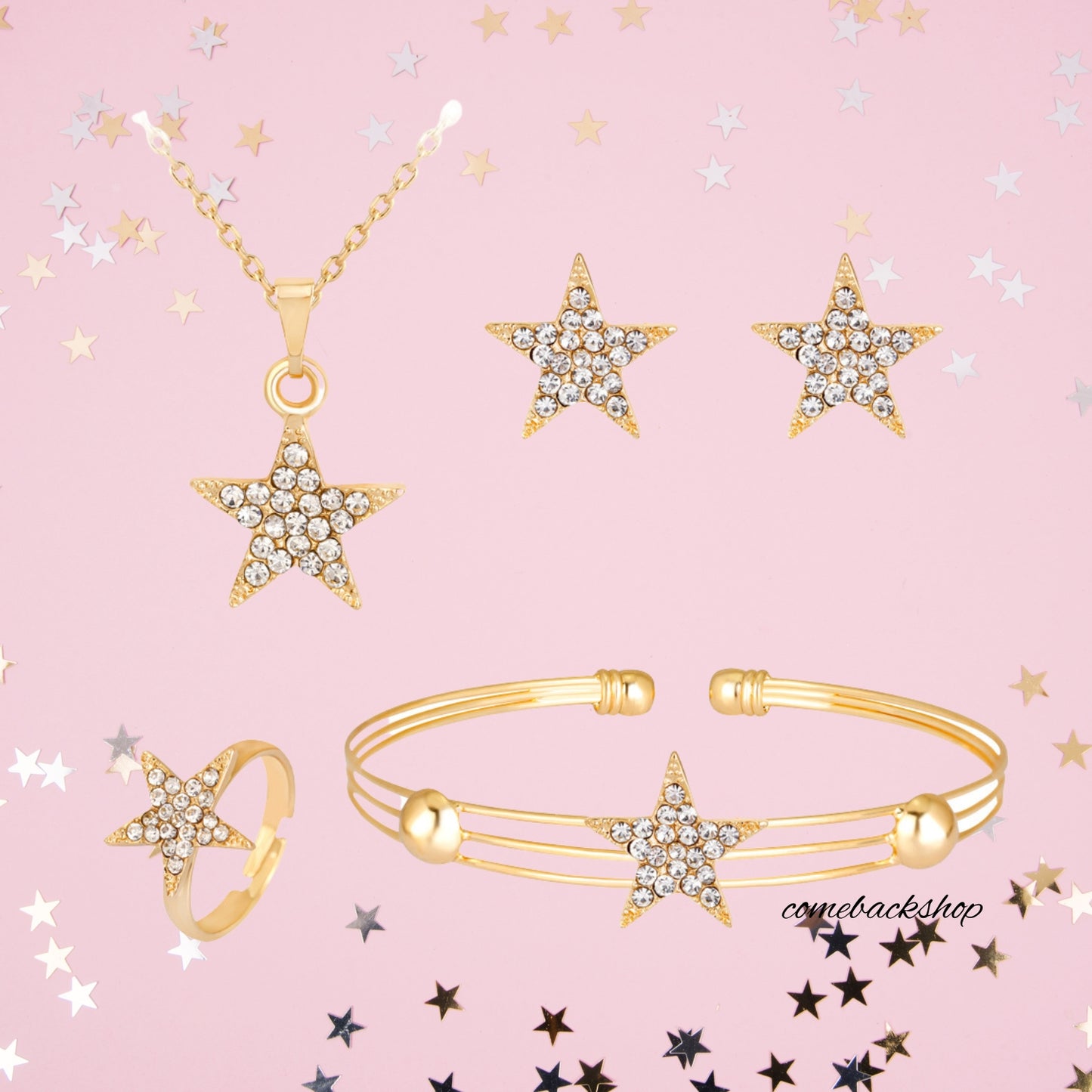 Star Gold earsdrop Earrings Necklace Jewelry Set For Bride Bridesmaids Bridal Wedding Party Prom