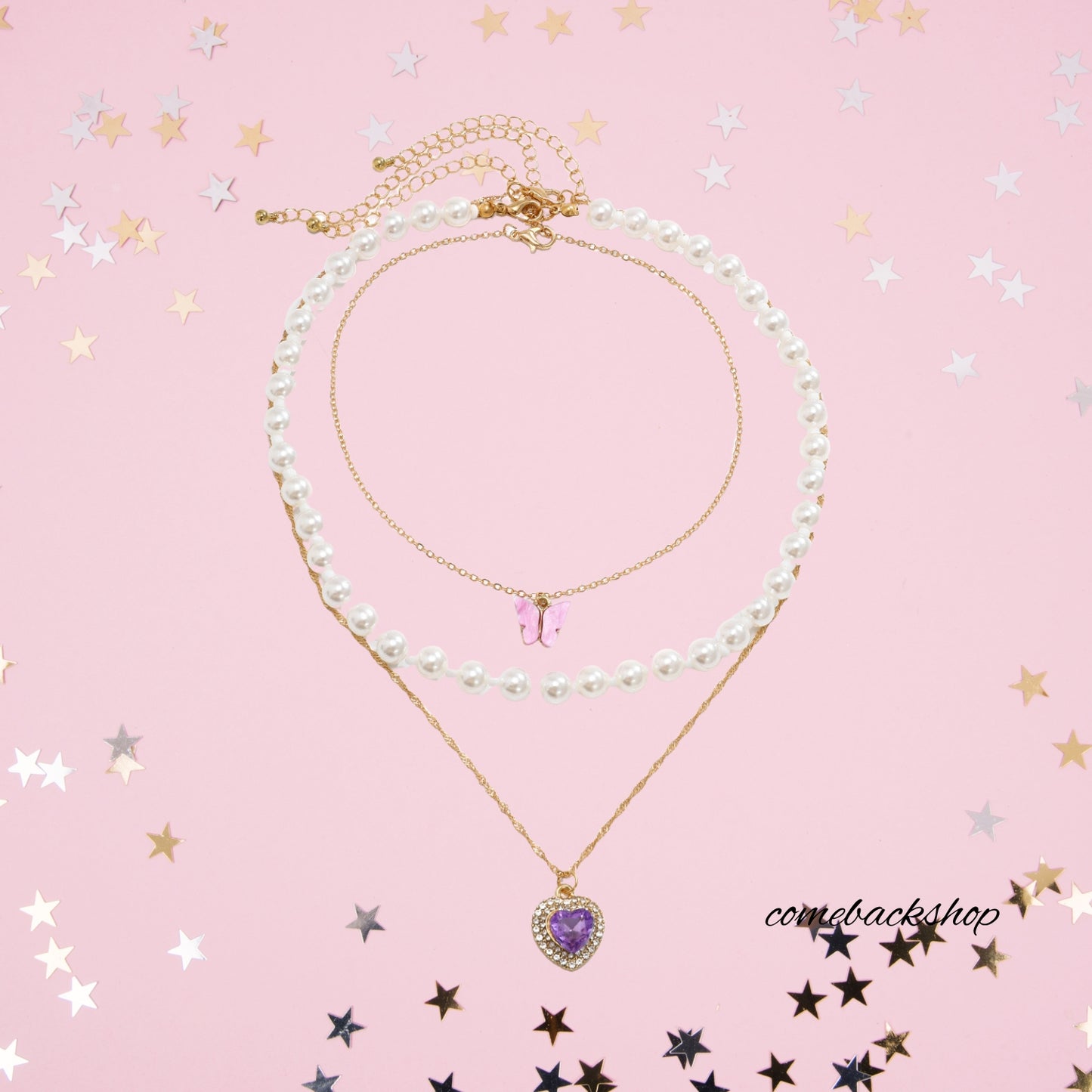 Butterfly Heart Pink Necklace for Women Girls,Layering Gold Necklaces Gift for her