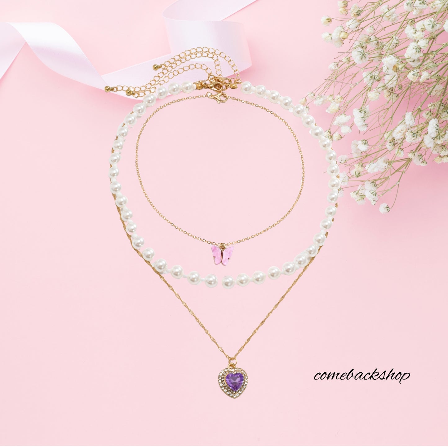 Butterfly Heart Pink Necklace for Women Girls,Layering Gold Necklaces Gift for her