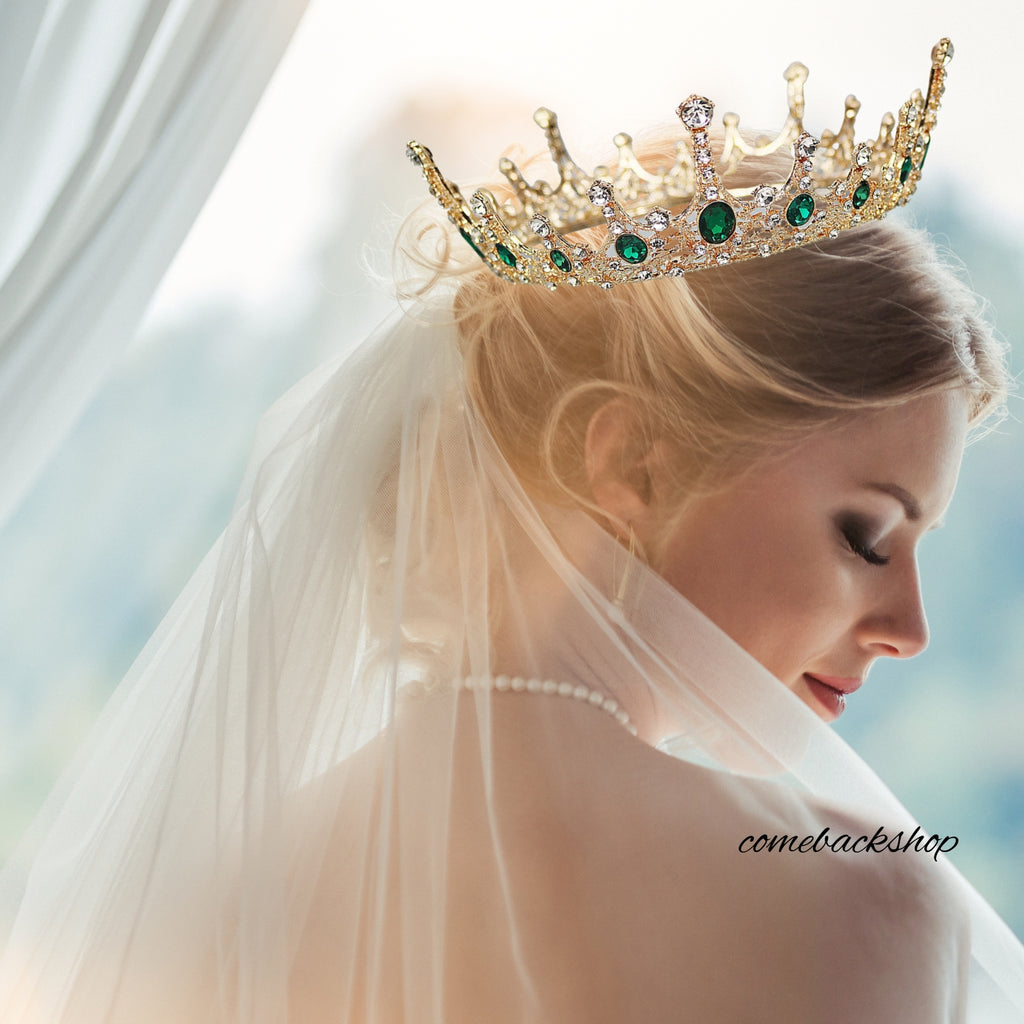 Green Crystal Rhinestone Bridal Tiara and Crown Hair Jewelry Full Circle Noiva Bride Diadem Headpiece Wedding Accessories,Swarovski