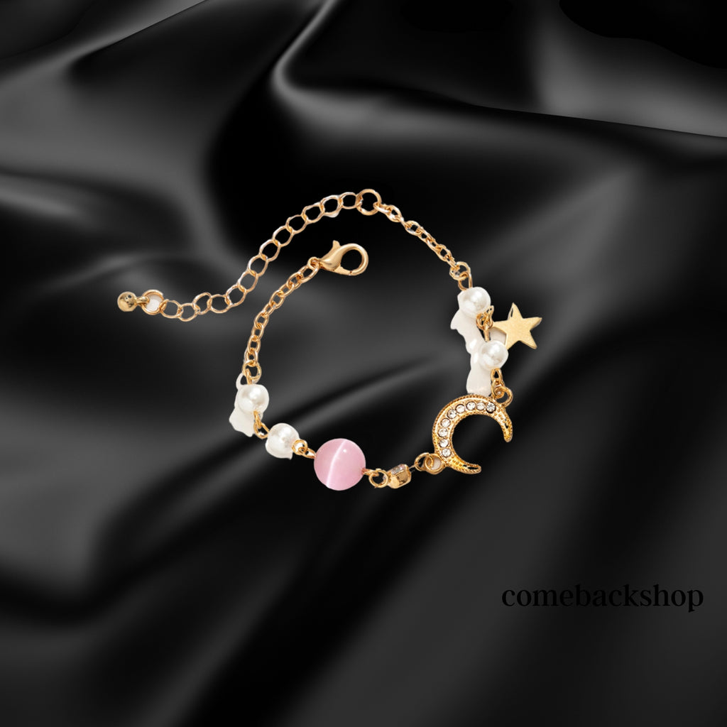 Dainty Moon Star Link Bracelet,Gold Plated Adjustable Link Chain Sparkling Bracelet for Women Girls