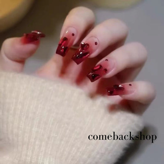 Red heart love Square Press on Nails Short Fake Nails French Acrylic Full Cover False Nails for Women and Girls