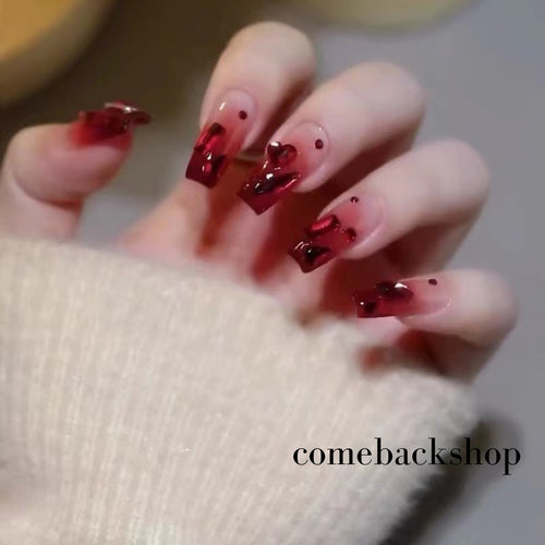 Red heart love Square Press on Nails Short Fake Nails French Acrylic Full Cover False Nails for Women and Girls