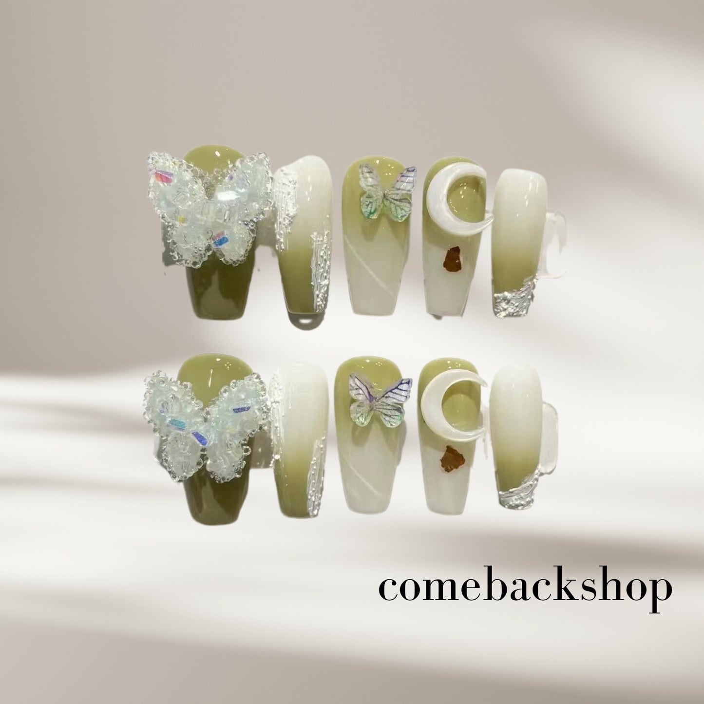 Green butterfly Rhinstone Press on Nails Short Fake Nails French Acrylic Full Cover False Nails for Women