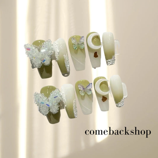 Green butterfly Rhinstone Press on Nails Short Fake Nails French Acrylic Full Cover False Nails for Women