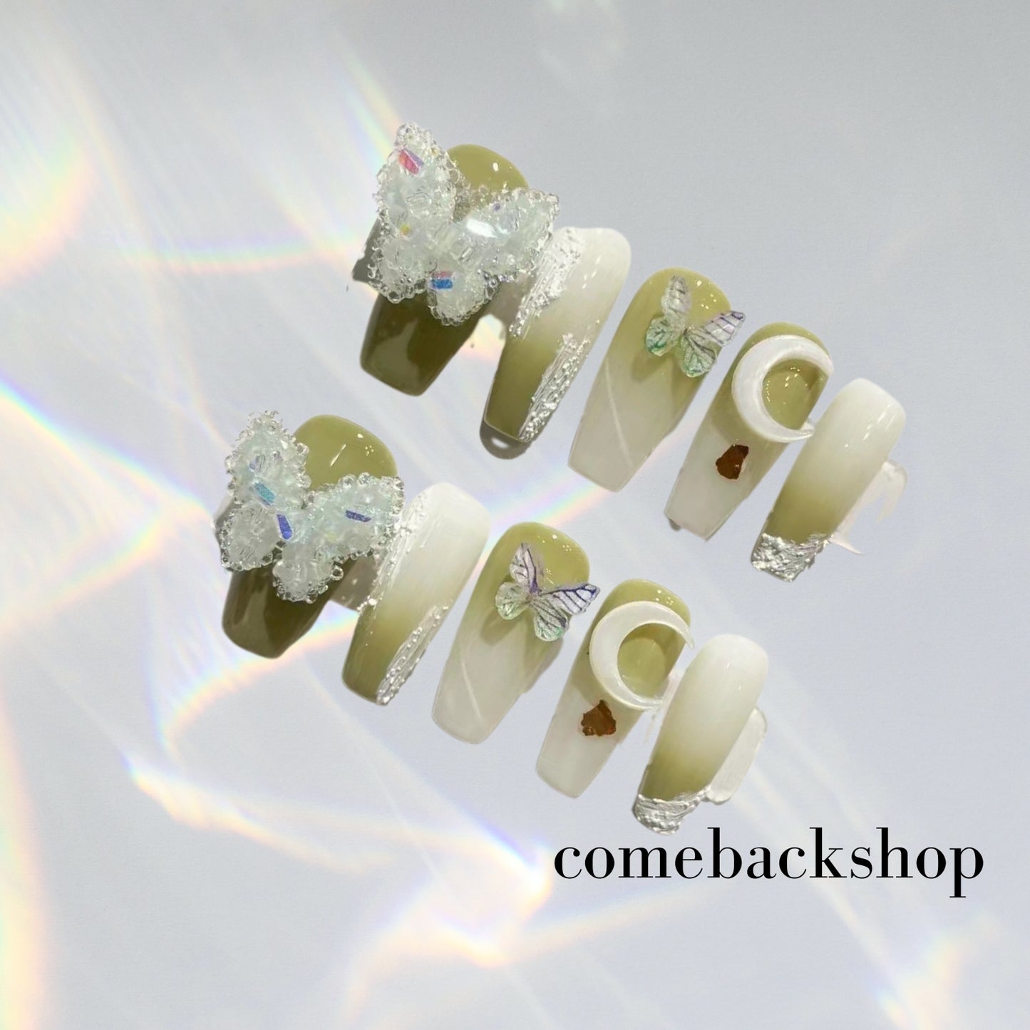 Green butterfly Rhinstone Press on Nails Short Fake Nails French Acrylic Full Cover False Nails for Women