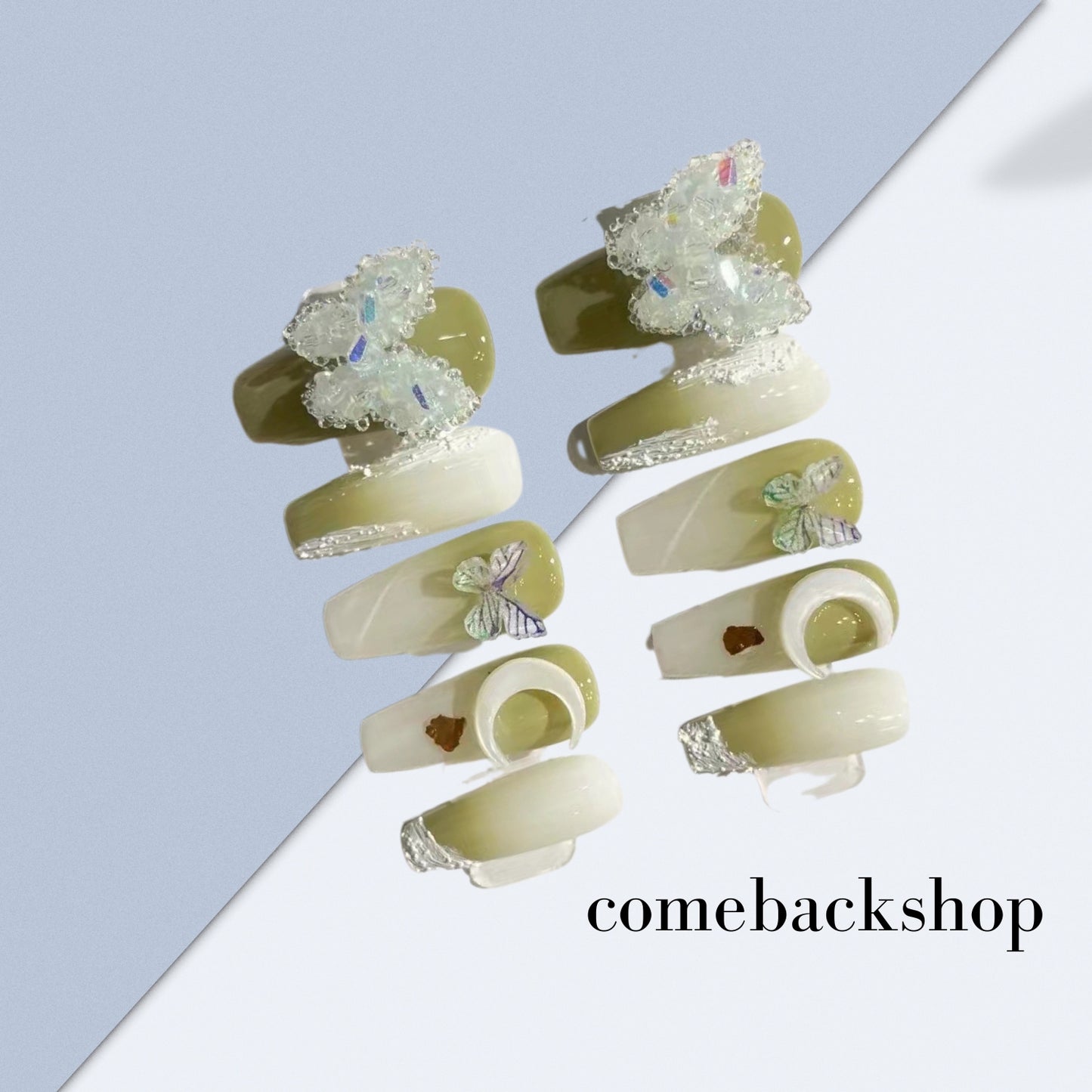 Green butterfly Rhinstone Press on Nails Short Fake Nails French Acrylic Full Cover False Nails for Women