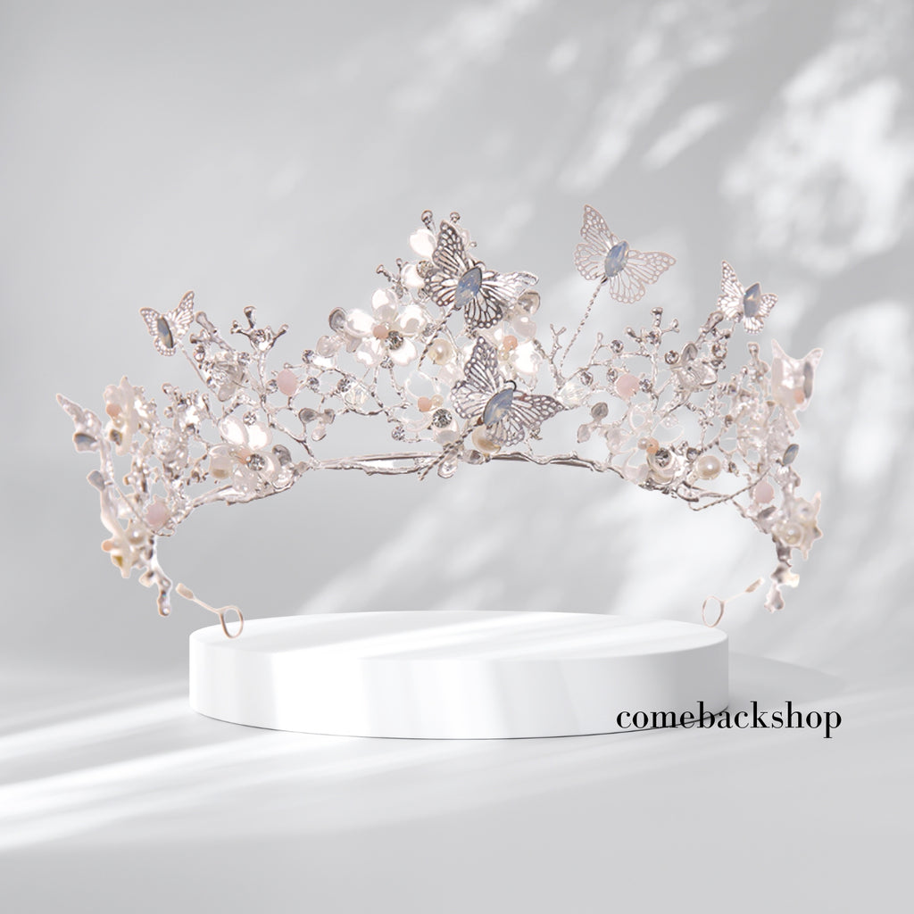 Butterfly silver tiara headband pearl jewelry accessories wedding crown bridesmaids gifts