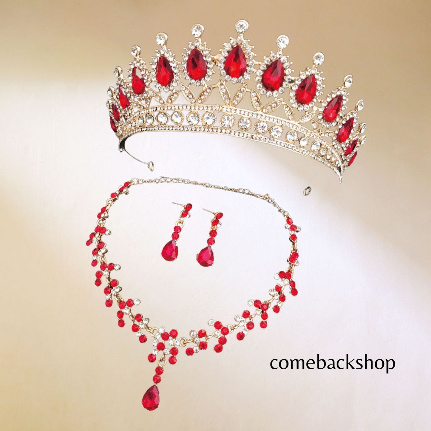 Baroque Wedding Crown for Bride,Tiara Earrings Necklace, Bridal Jewelry Set, Red Black Crystal Costume Party Birthday Prom Pageant Jewelry for Women