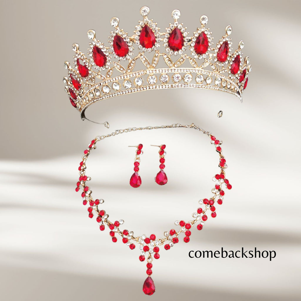 Baroque Wedding Crown for Bride,Tiara Earrings Necklace, Bridal Jewelry Set, Red Black Crystal Costume Party Birthday Prom Pageant Jewelry for Women