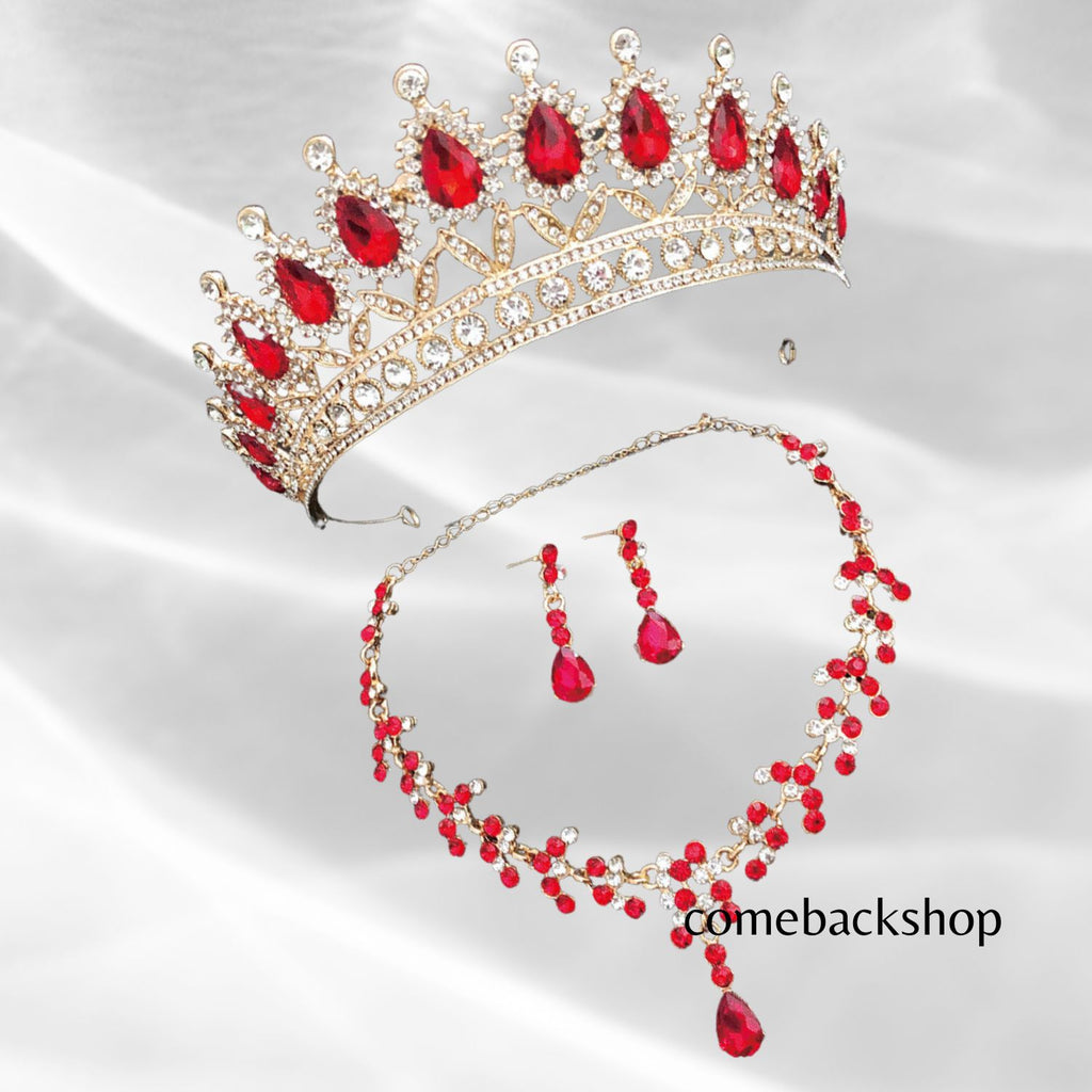 Baroque Wedding Crown for Bride,Tiara Earrings Necklace, Bridal Jewelry Set, Red Black Crystal Costume Party Birthday Prom Pageant Jewelry for Women