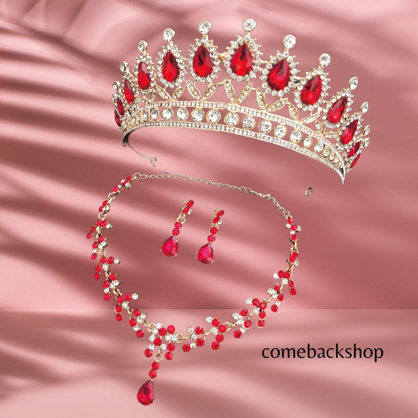 Baroque Wedding Crown for Bride,Tiara Earrings Necklace, Bridal Jewelry Set, Red Black Crystal Costume Party Birthday Prom Pageant Jewelry for Women