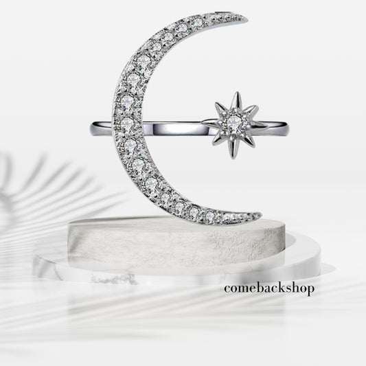 Star and Moon Ring Adjustable 925 Sterling Silver Crescent Moon Ring Vintage Jewelry Gifts for Womem