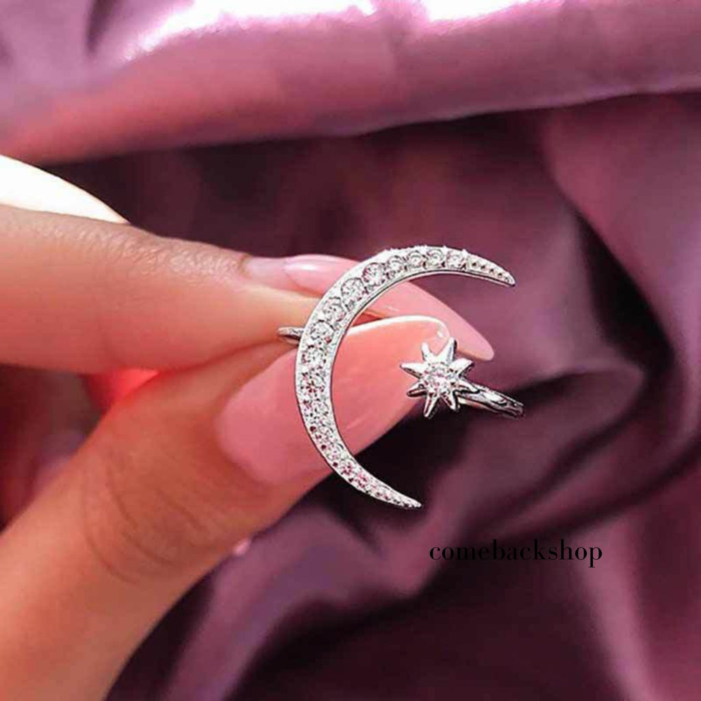 Star and Moon Ring Adjustable 925 Sterling Silver Crescent Moon Ring Vintage Jewelry Gifts for Womem