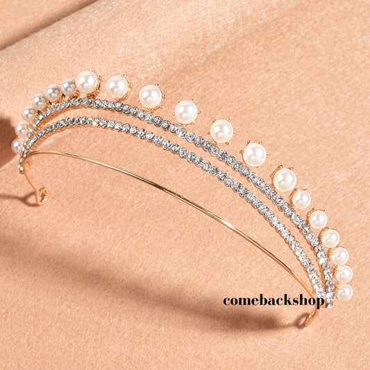 Pearl tiara crown crystal gold bridal jewelry wedding headpiece headband