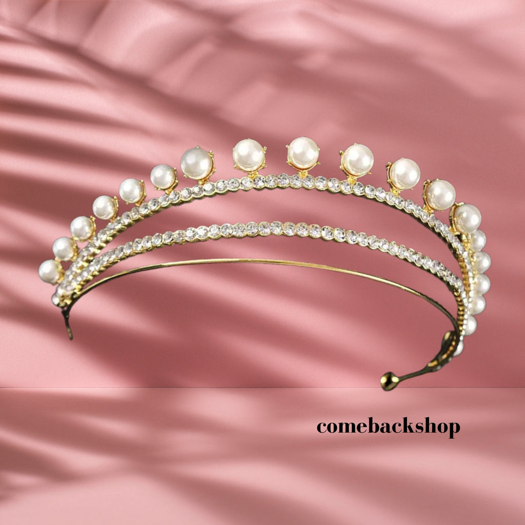 Pearl tiara crown crystal gold bridal jewelry wedding headpiece headband