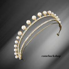 Load image into Gallery viewer, Pearl tiara crown crystal gold bridal jewelry wedding headpiece headband