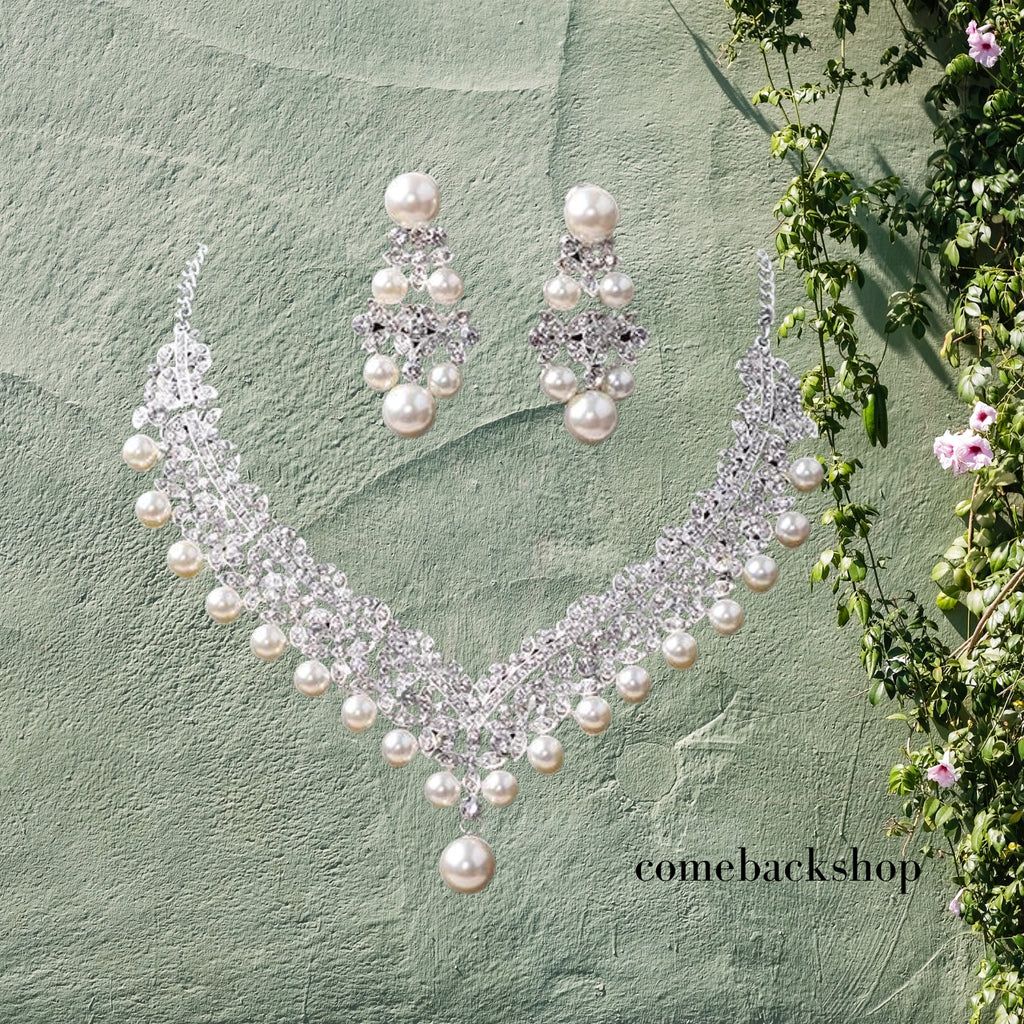 Crystal Pearl Floral Necklace Dangle Earrings Wedding Bridal Jewelry Set Birthday Gifts for Her