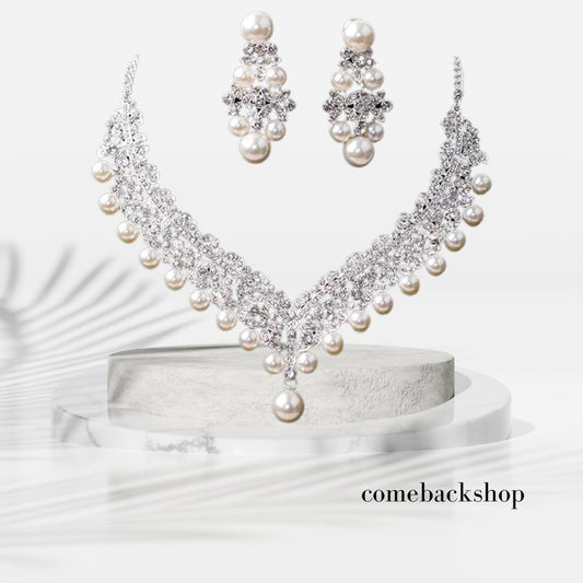 Crystal Pearl Floral Necklace Dangle Earrings Wedding Bridal Jewelry Set Birthday Gifts for Her