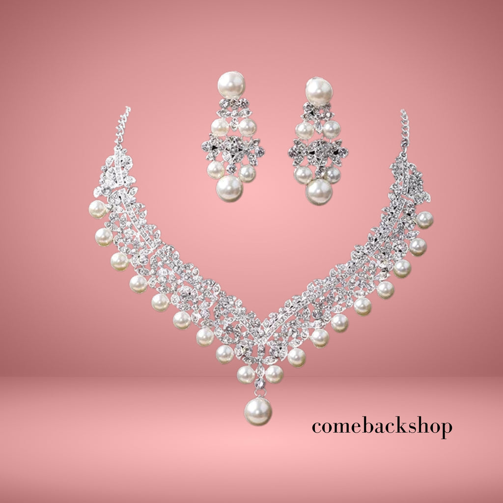 Crystal Pearl Floral Necklace Dangle Earrings Wedding Bridal Jewelry Set Birthday Gifts for Her