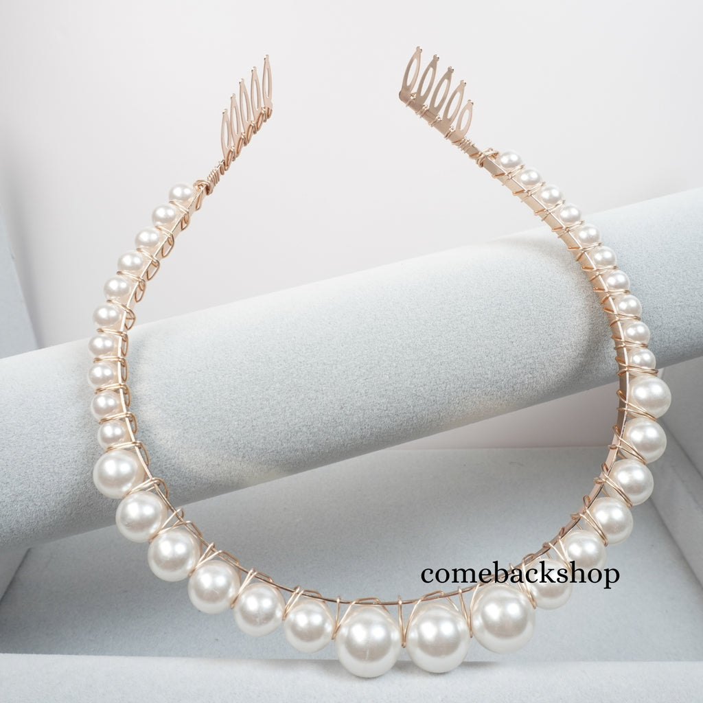 Gold Bridal Headband Pearl Tiara for Women Rhinestone Wedding Hair Accessories Bridesmaid Headpieces for Prom Pageant Birthday Party