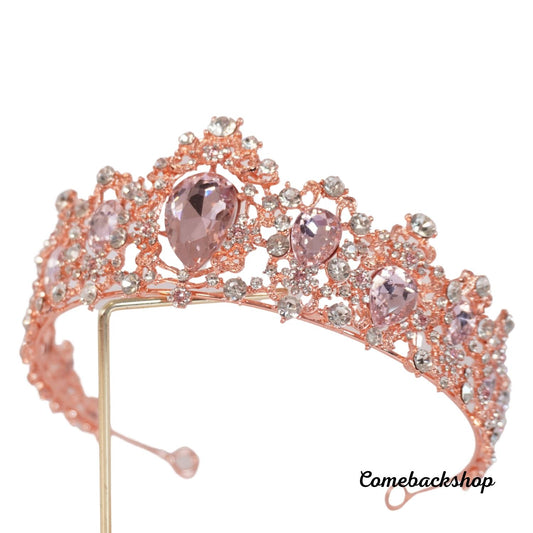 Crystals Rhinestones Pearls Copper Cubic Zircon Wedding Tiara Pink crown headpiece