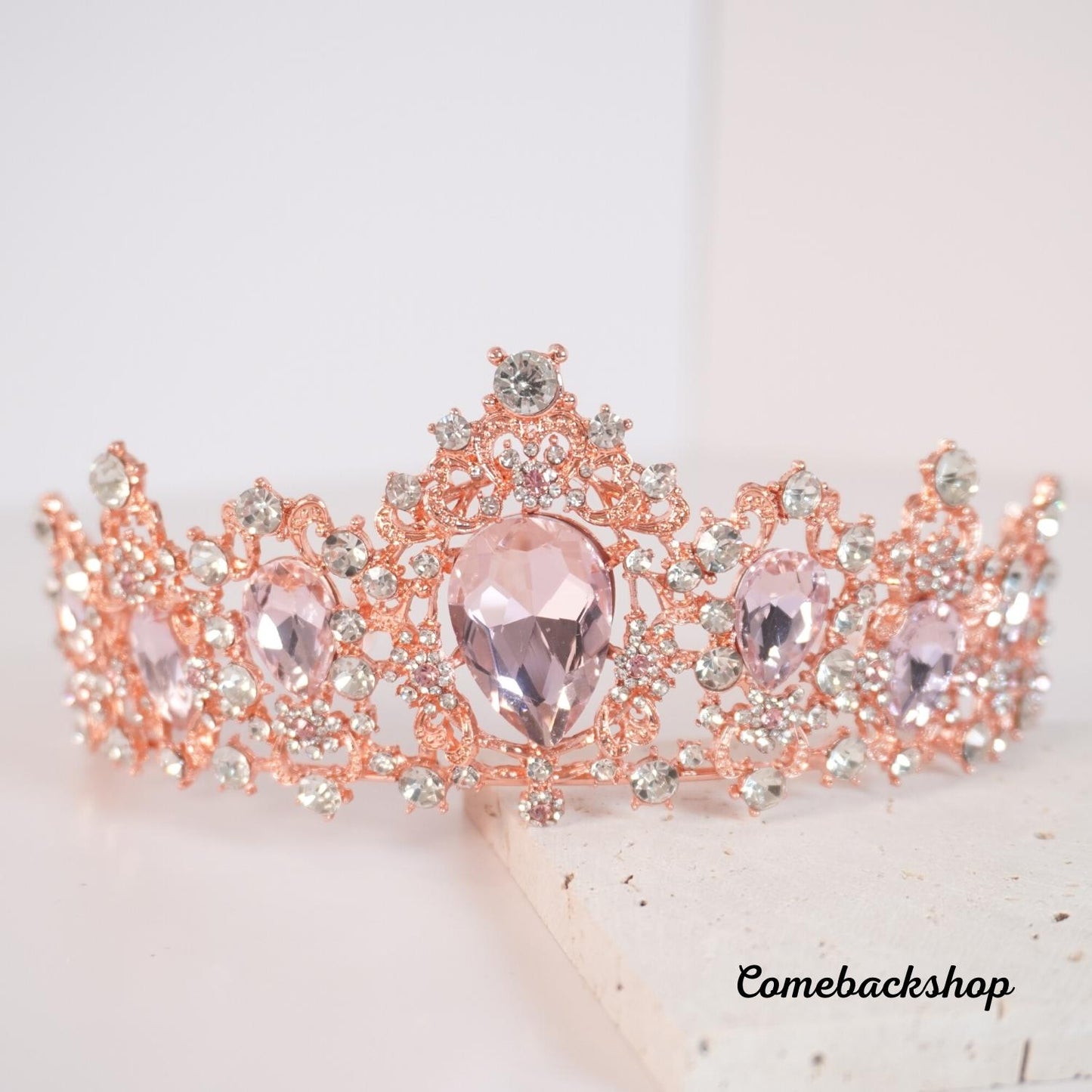 Crystals Rhinestones Pearls Copper Cubic Zircon Wedding Tiara Pink crown headpiece