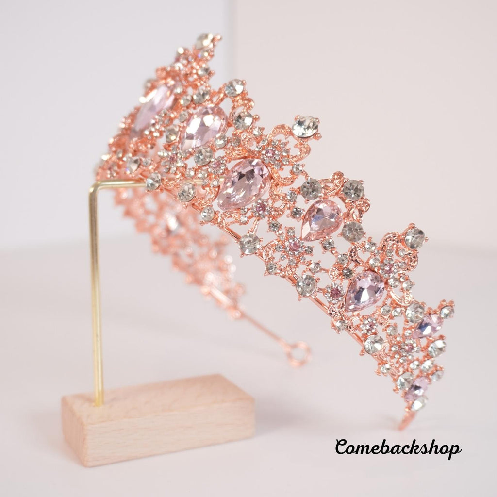 Crystals Rhinestones Pearls Copper Cubic Zircon Wedding Tiara Pink crown headpiece