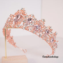 Load image into Gallery viewer, Crystals Rhinestones Pearls Copper Cubic Zircon Wedding Tiara Pink crown headpiece
