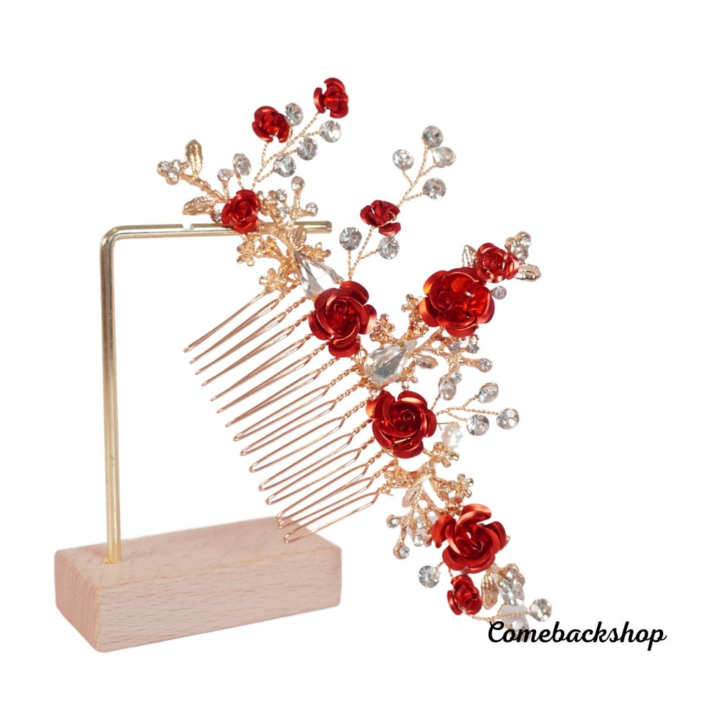 Bride Hair Comb Red Flower Bridal Hair Piece Wedding Crystal Side Combs Hair Accessories for Women and Girls