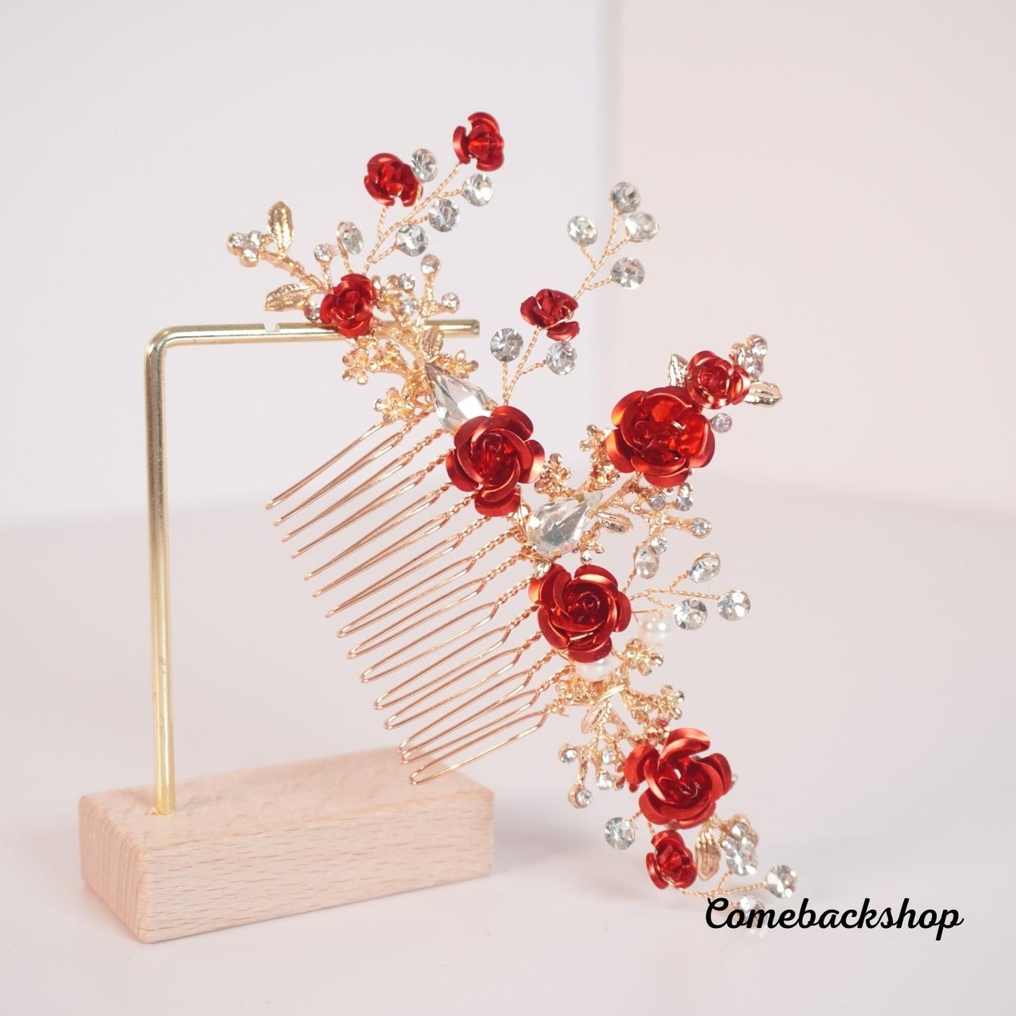 Bride Hair Comb Red Flower Bridal Hair Piece Wedding Crystal Side Combs Hair Accessories for Women and Girls