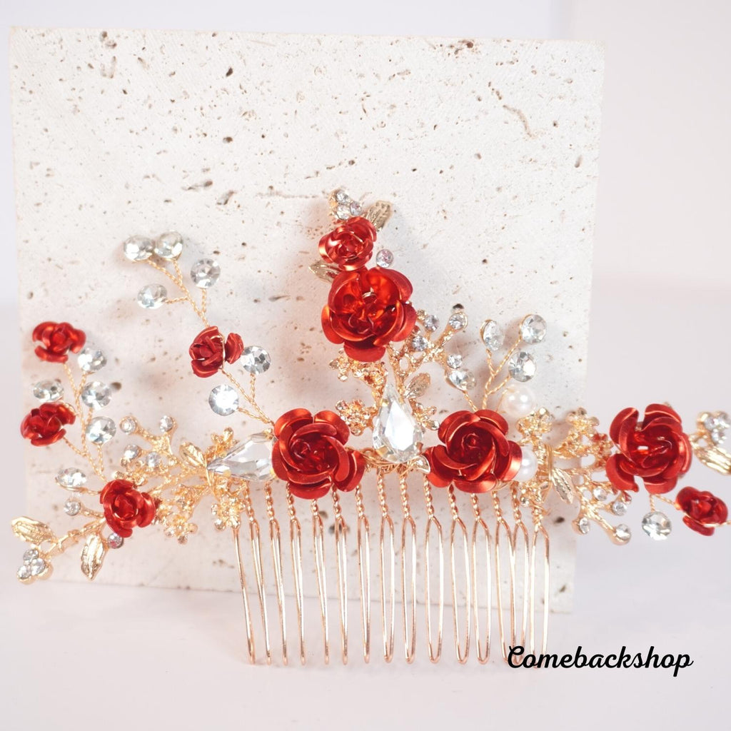 Bride Hair Comb Red Flower Bridal Hair Piece Wedding Crystal Side Combs Hair Accessories for Women and Girls