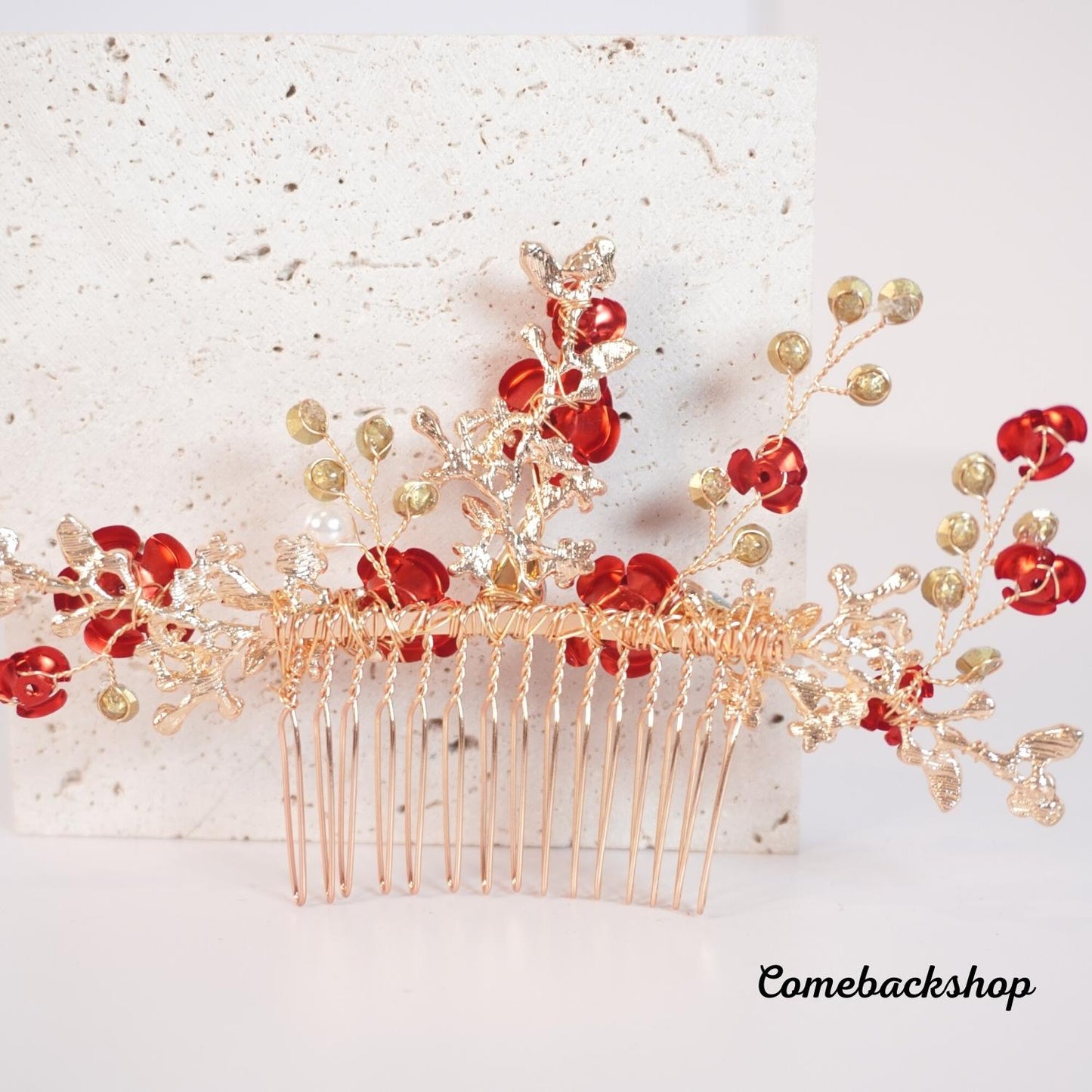 Bride Hair Comb Red Flower Bridal Hair Piece Wedding Crystal Side Combs Hair Accessories for Women and Girls