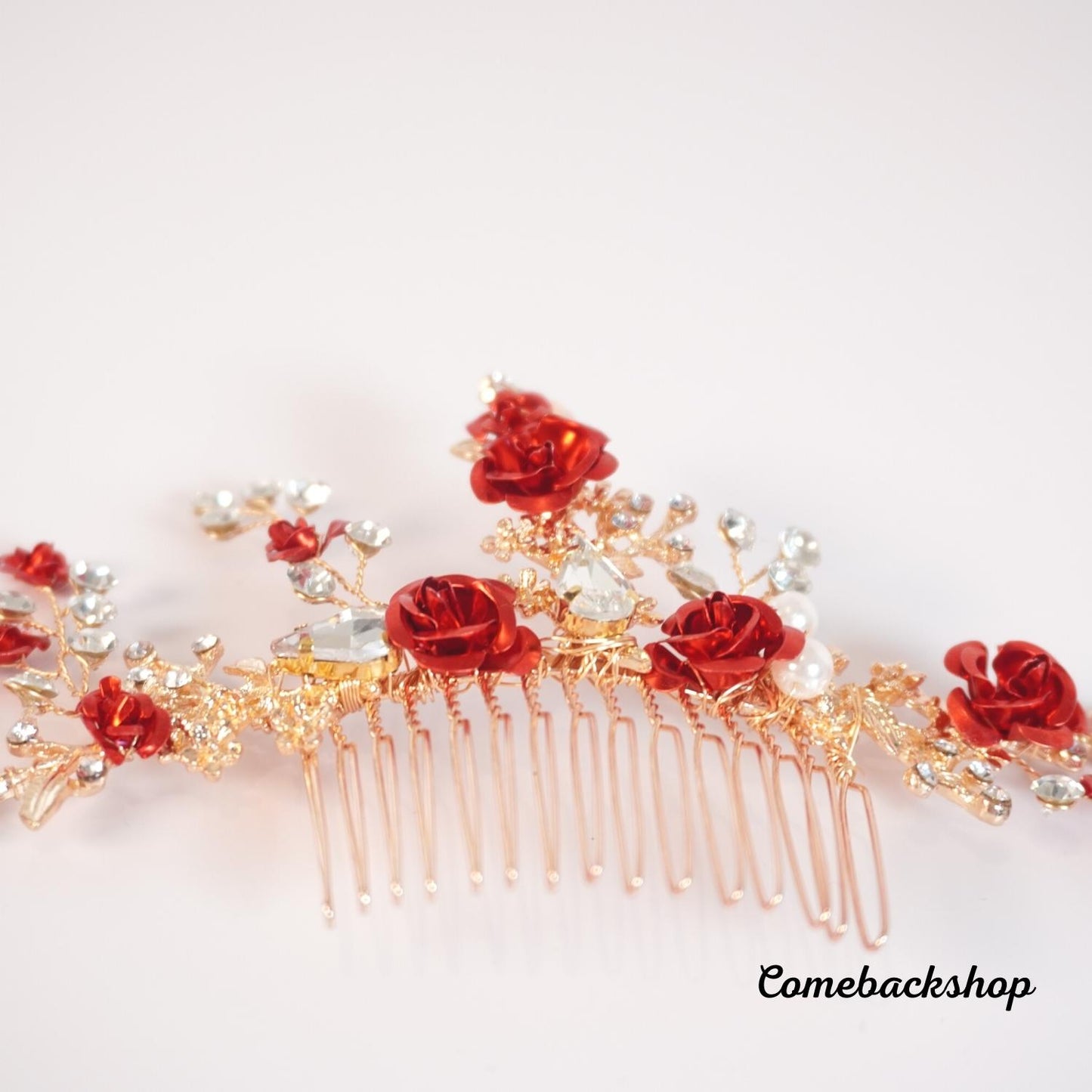 Bride Hair Comb Red Flower Bridal Hair Piece Wedding Crystal Side Combs Hair Accessories for Women and Girls