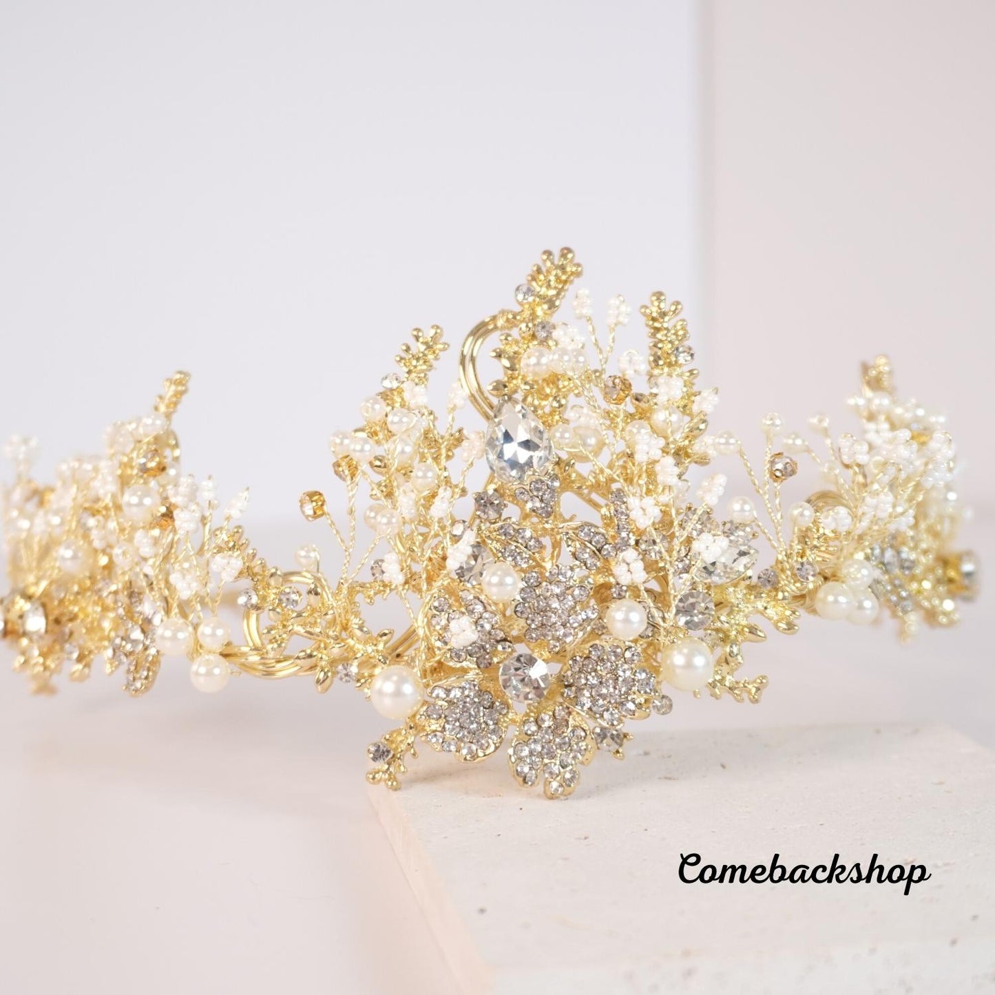 Tiara crown gold flower headpiece Crystal Pearl Bridal Jewelry Crown Tiara,Bride sweet 16th party