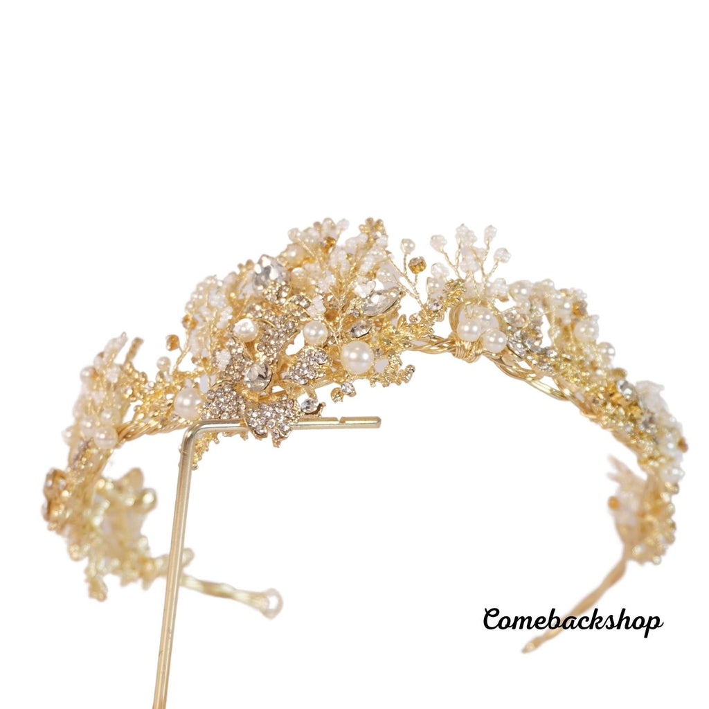 Tiara crown gold flower headpiece Crystal Pearl Bridal Jewelry Crown Tiara,Bride sweet 16th party