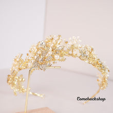 Load image into Gallery viewer, Tiara crown gold flower headpiece Crystal Pearl Bridal Jewelry Crown Tiara,Bride sweet 16th party